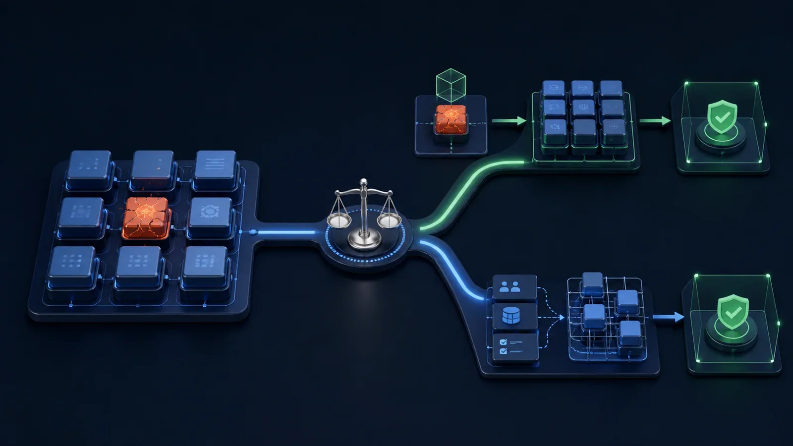 A damaged modular application reaches a balanced fork between a focused repair and a controlled rebuild, with both paths ending in verified states.