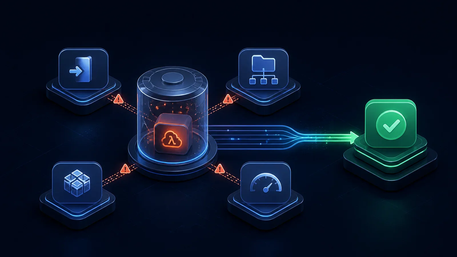 A failing serverless function is isolated, checked across four diagnostic modules, and routed toward a verified deployment.