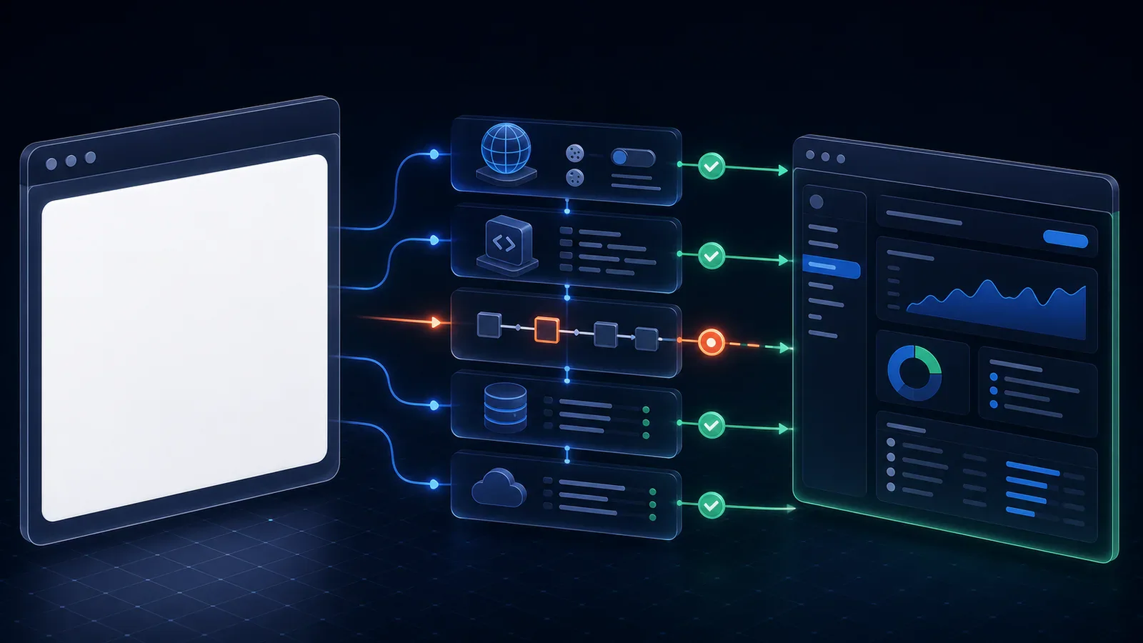 A blank browser preview is traced through browser, code, route, data, and platform checks toward a recovered application screen.