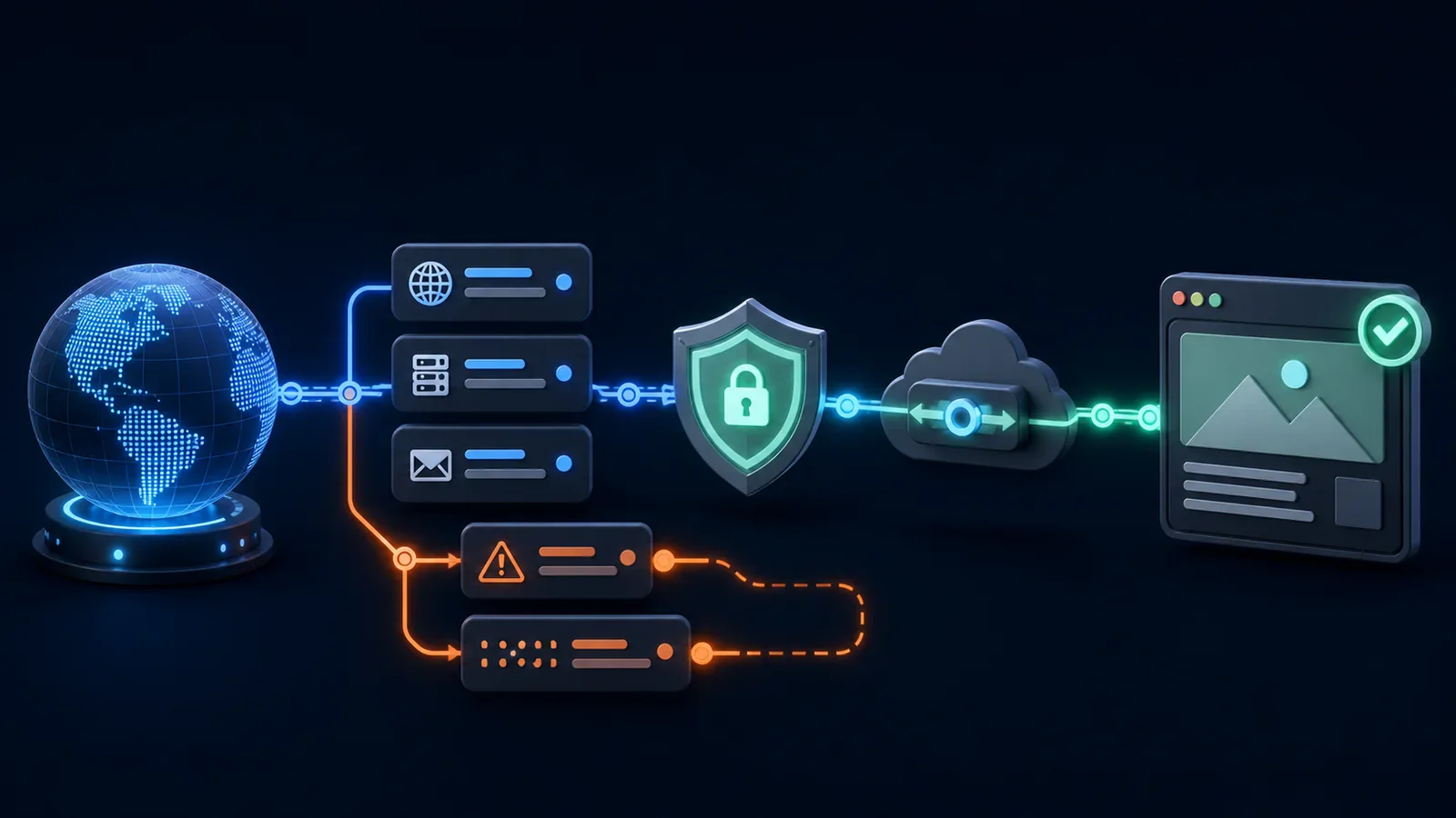 A domain route passes through DNS records and a certificate shield while two conflicting DNS branches are isolated.