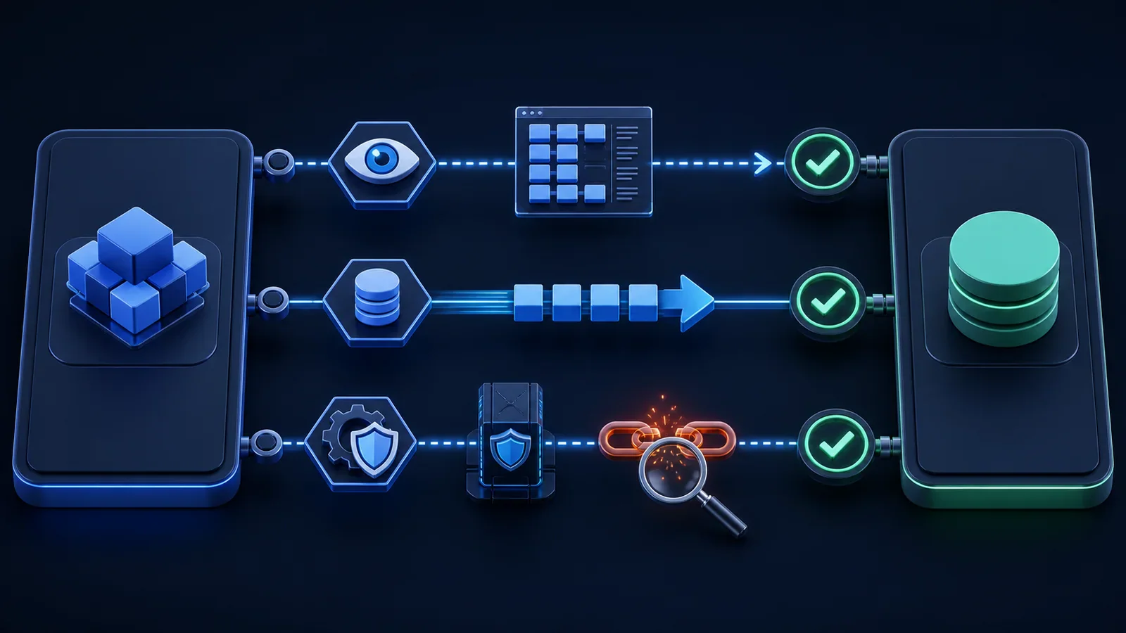 Three distinct connection paths between an app platform and a database show read-only browsing, migration, and custom API integration.