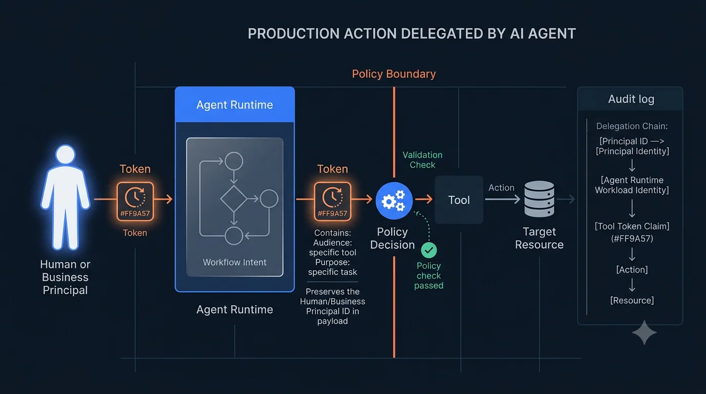 A production action should preserve the chain from human or business principal to agent runtime, policy decision, tool, and target resource.