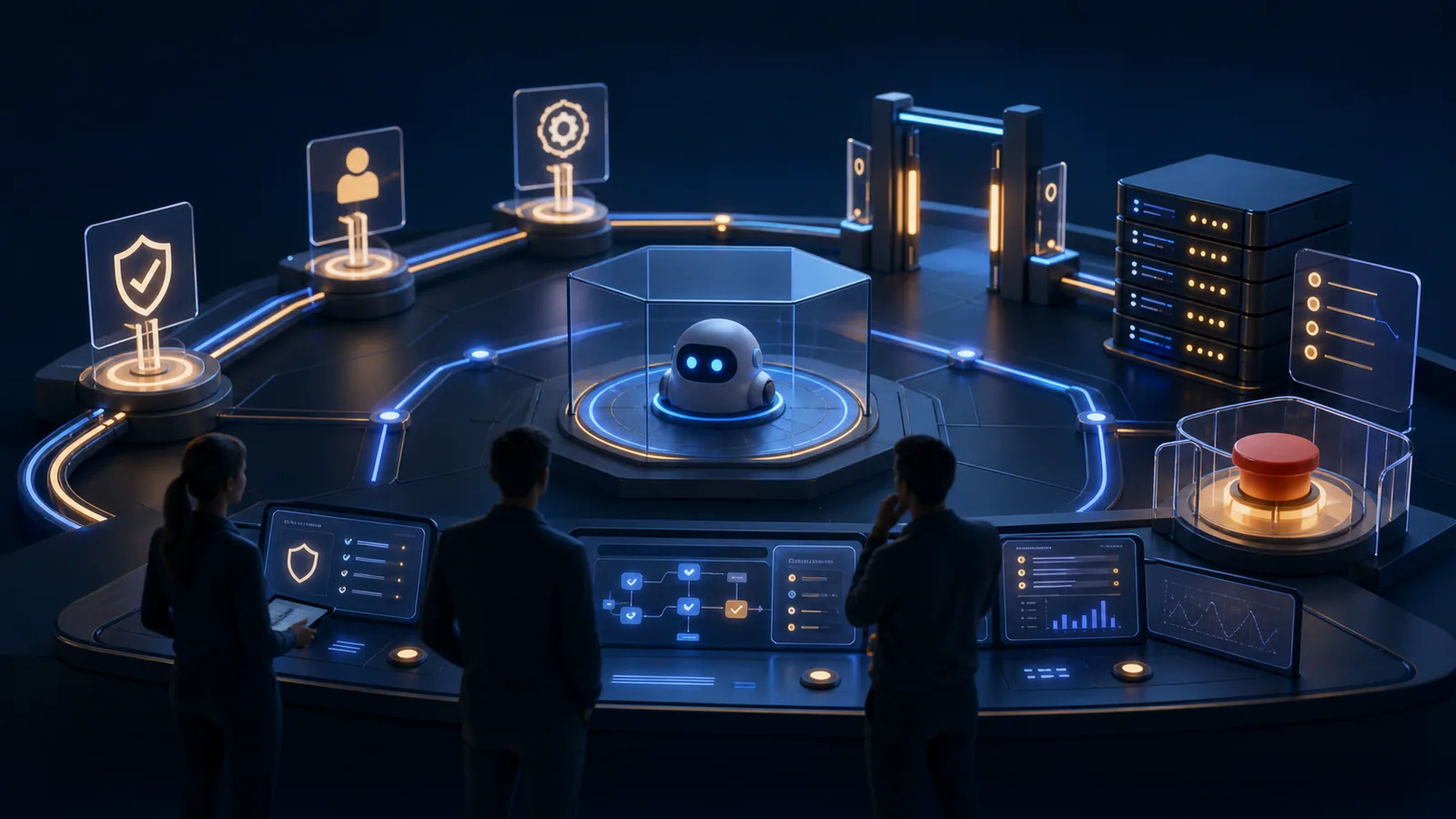 A small team overseeing an AI agent through permissions, audit controls, and an emergency stop