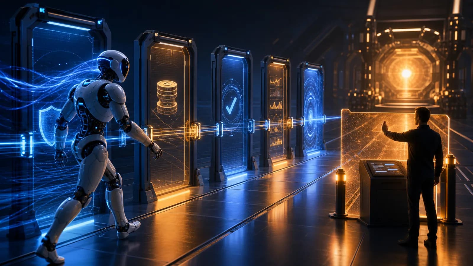 An AI agent passing through layered permission, validation, spending, and human approval guardrails