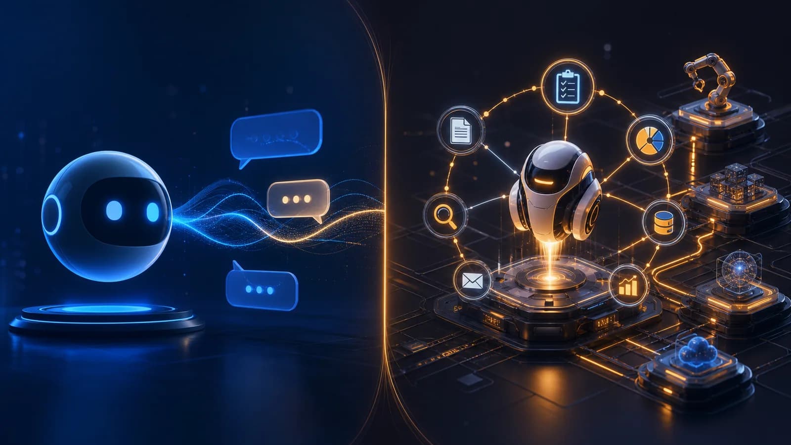 A conversational chatbot compared with an AI agent executing work across business tools