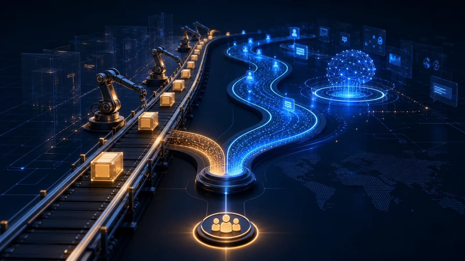A fixed robotic automation line alongside an adaptive AI workflow converging into one business process