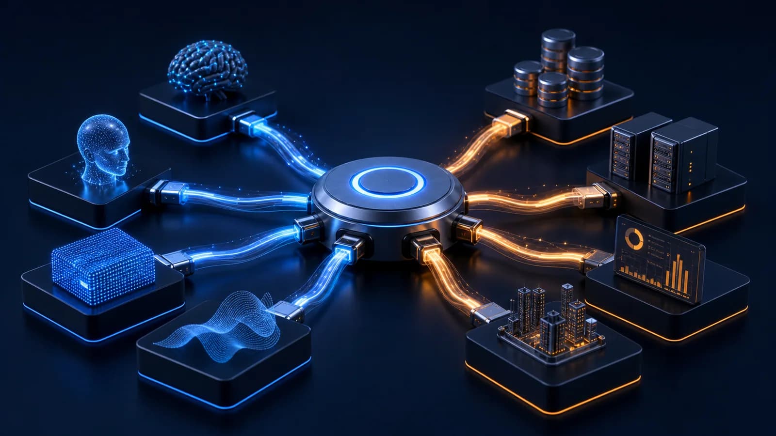 A universal protocol hub connecting AI applications to tools and business data services