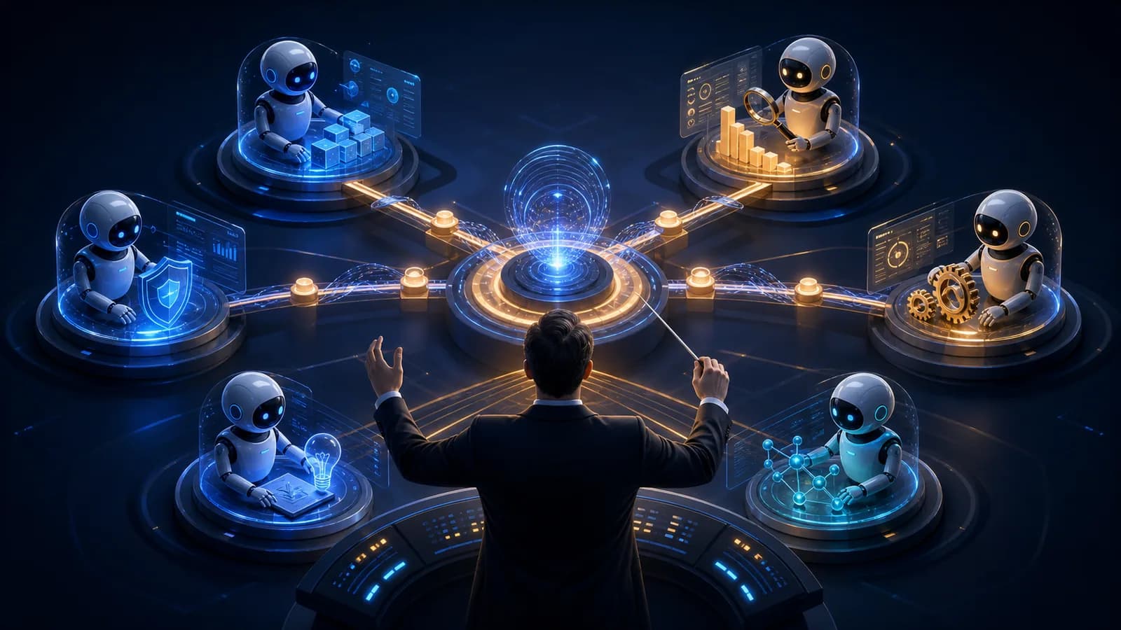 Several specialised AI agents coordinated through one governed orchestration hub