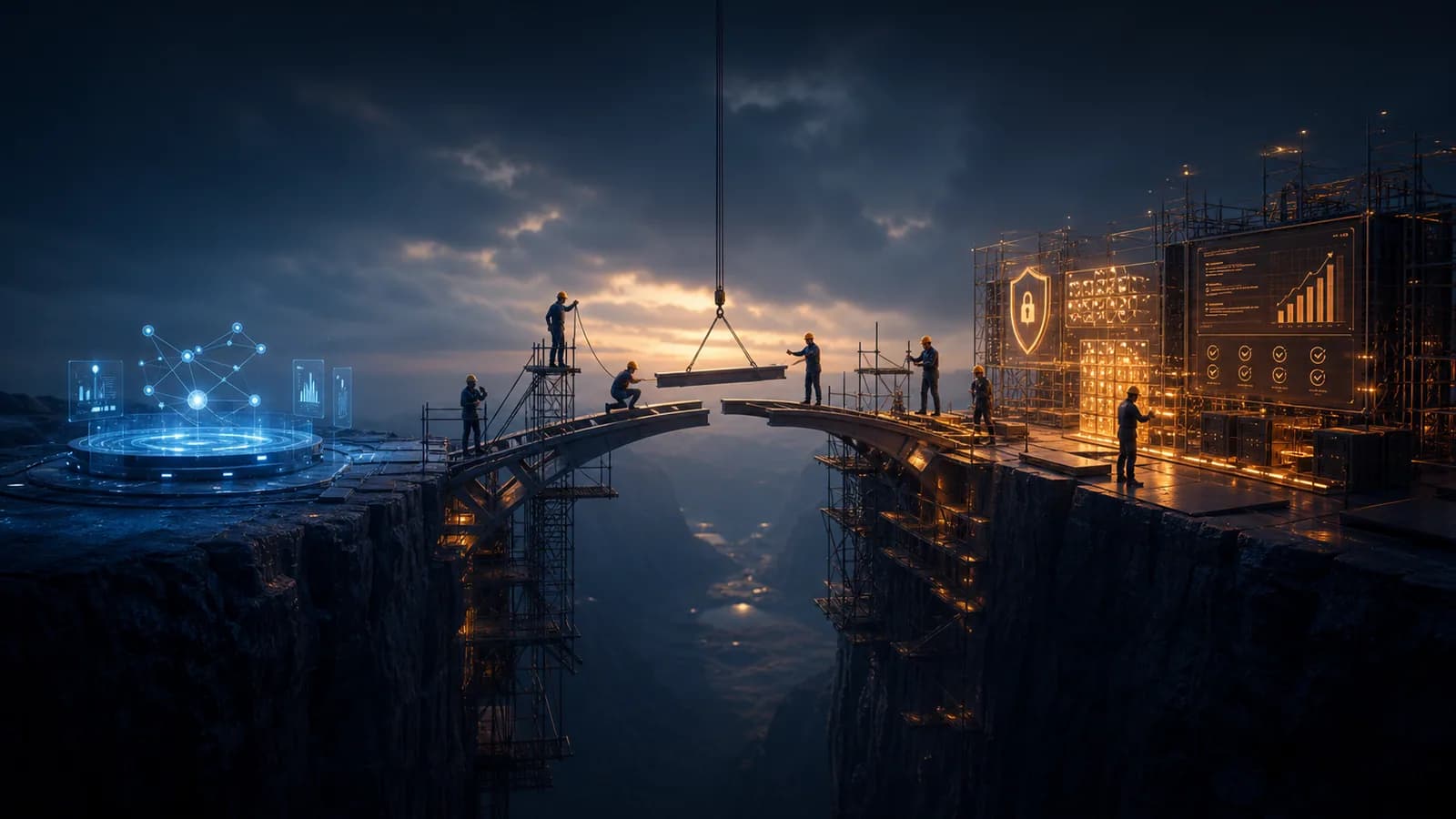 Engineers completing a bridge from an AI prototype to a secure production environment