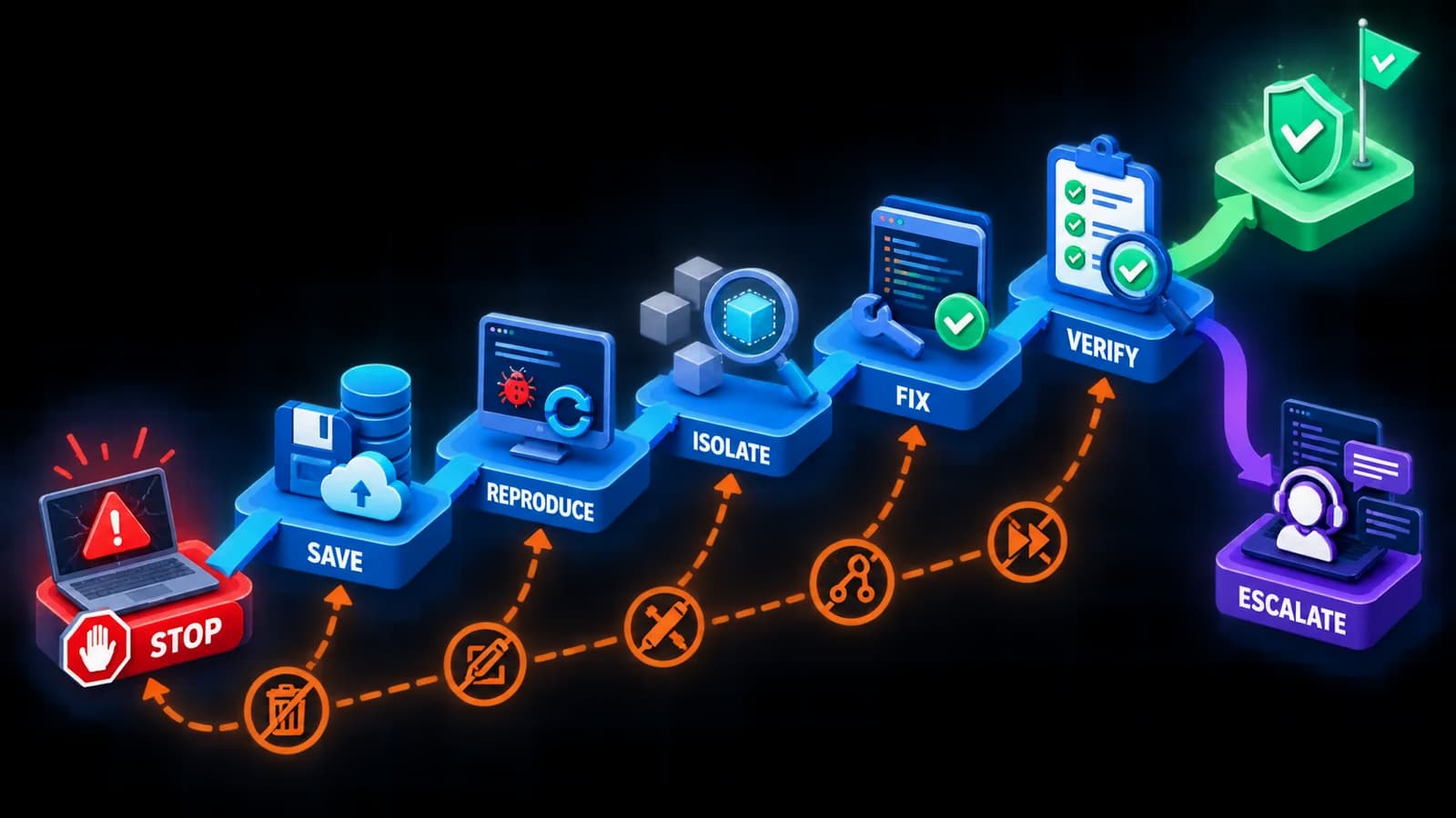 A recovery ladder moves through stop, save, reproduce, isolate, fix, verify, and escalate checkpoints.