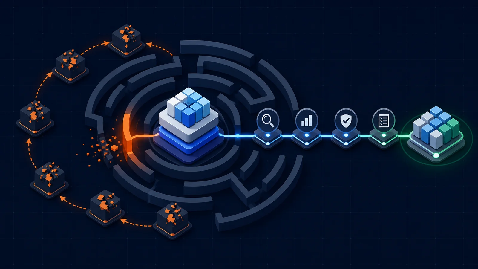 A modular application escapes a maze of repeated failed changes through a path of diagnosis, measurement, security checks, and verification.